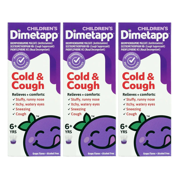 Three boxes of Dimetapp 3 Pack - Childrens Dimetapp Grape Cold & Cough Medicine 8 fl oz, for ages 6 and up, highlight multi-symptom relief and are shown against a white background.